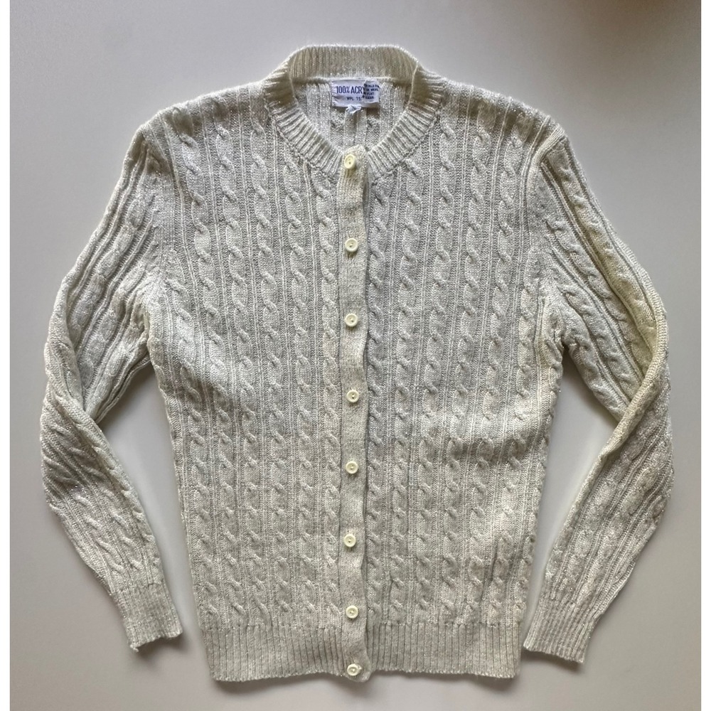VTG Cable Knit Metallic Silver Thread Cardigan Sweater Cream Size L Fits Small